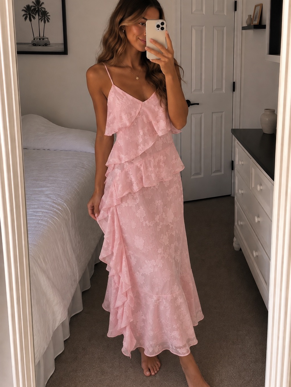 wild fable Pink Lace Ruffle Maxi Dress romantic medium light pink garden